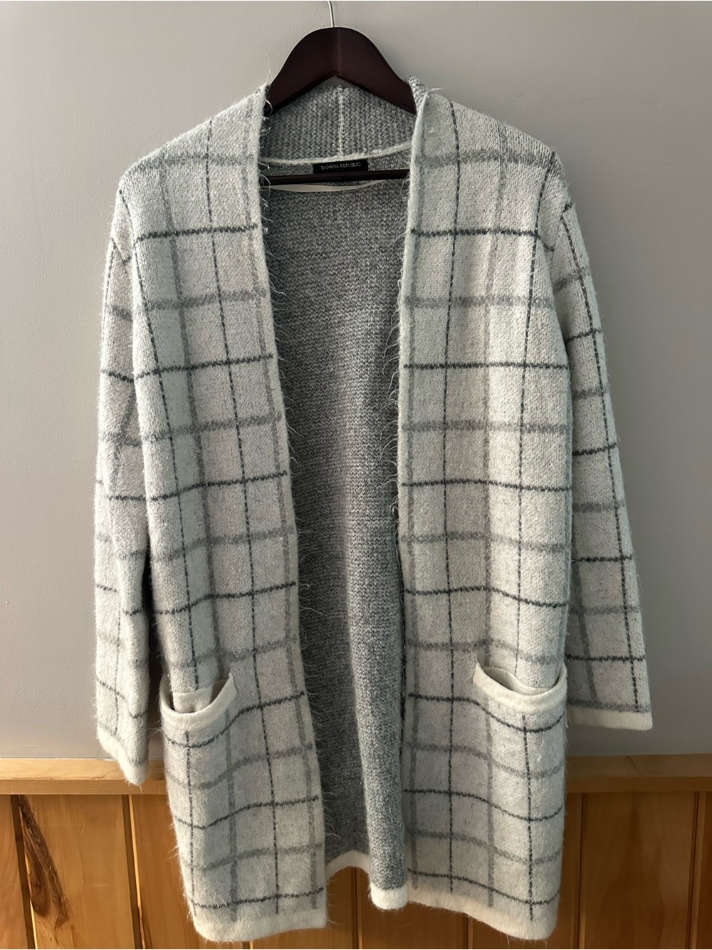 Banana Republic Light Gray Windowpane Open-Front Cardigan